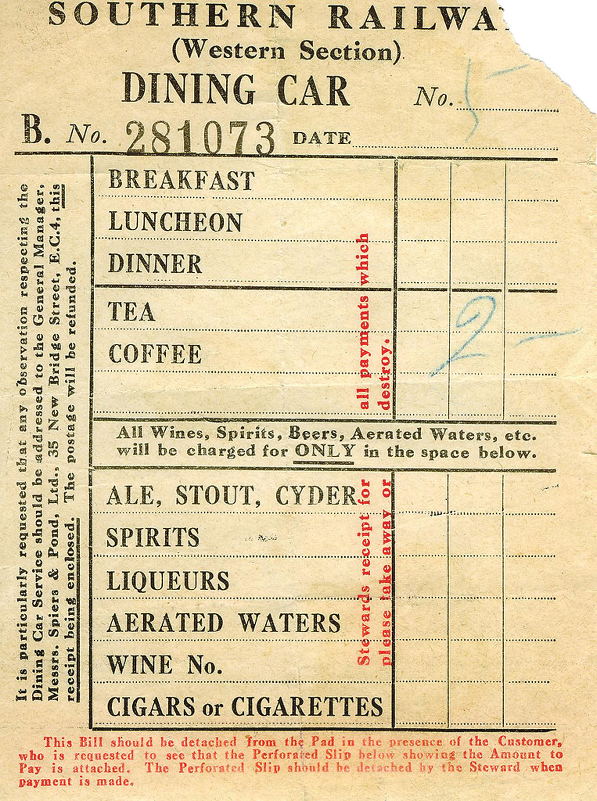 dining car receipt — historic image