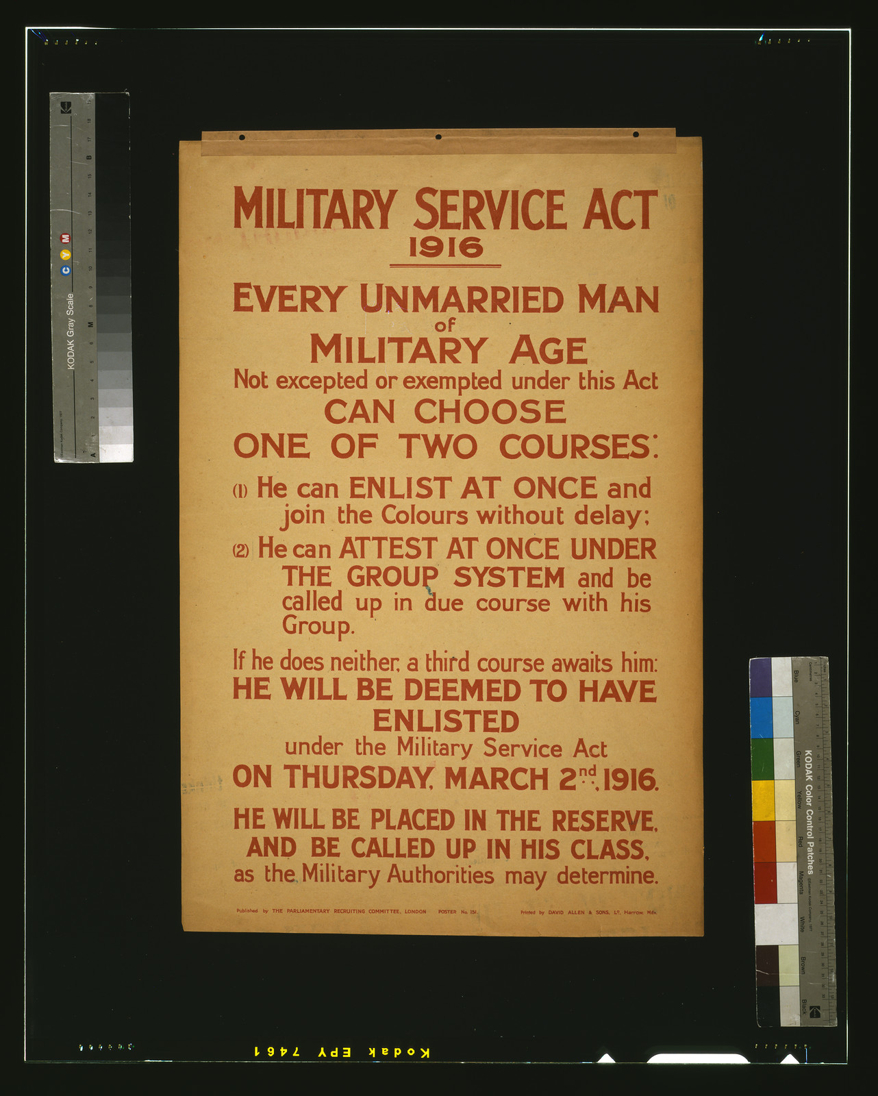 Military Service Act 1916 recruiting poster for unmarried men, 1916 — vintage poster