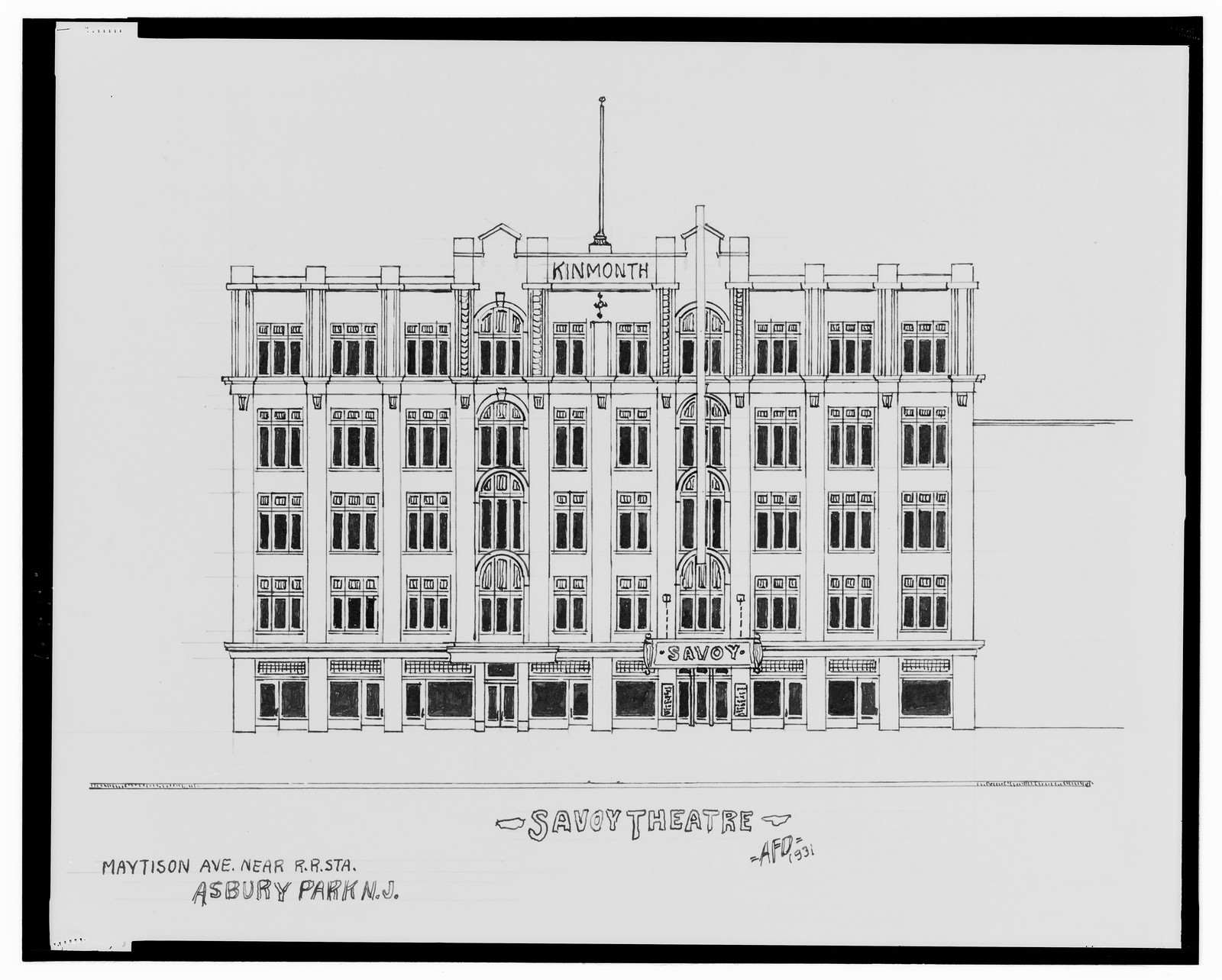 [Savoy Theatre and Kinmonth Building, Mattison Ave. near railroad station, Asbury Park, New Jersey] / AFD 1931., And Engineering (ADE) Drawings — vintage poster
