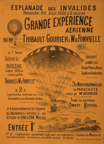 Grande expérience aérienne par MM Thibault, Gourier & W. de Fonvielle esplanade des invalides dimanche 28 juin 1885 a 2 heures.
