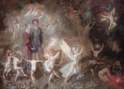 Fairies dancing around a mortal couple in a forest
