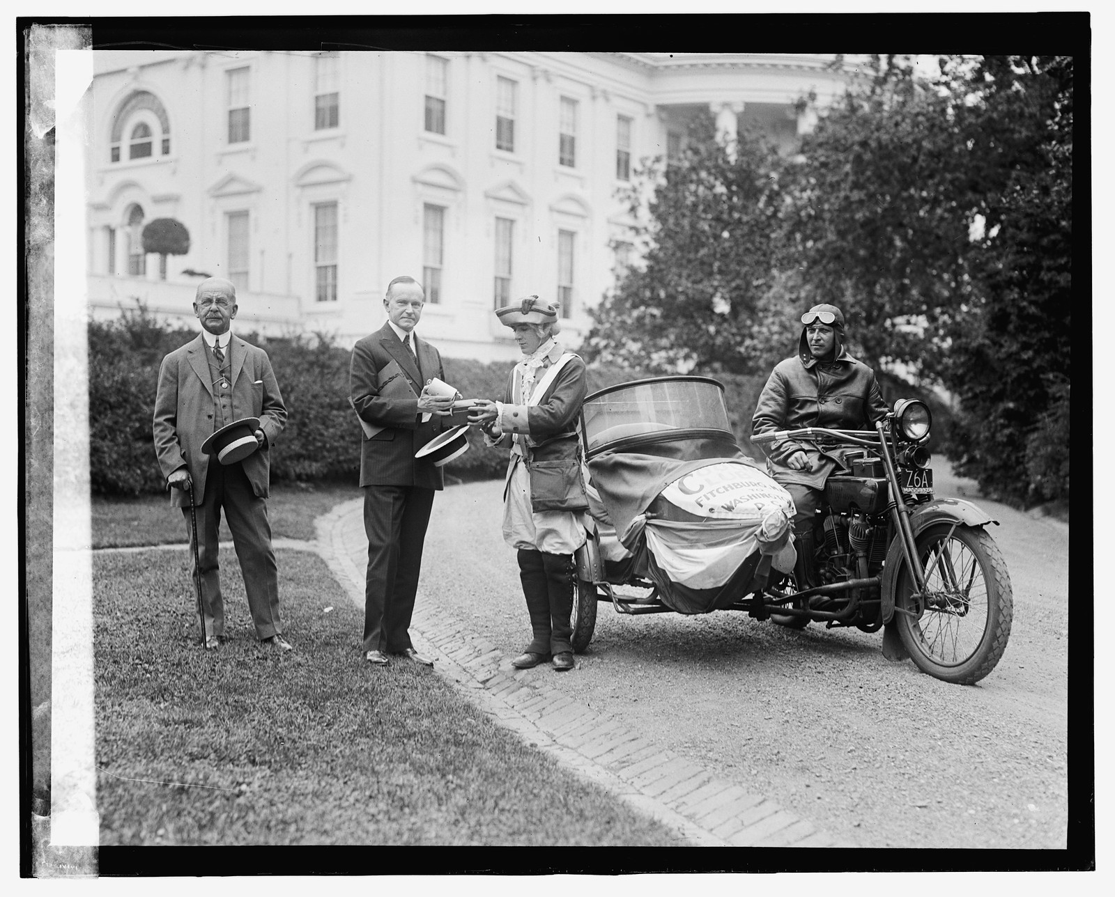 [President Coolidge, sidecar motorcycle, in front of White House, 6/6/24], [1924] — historic photograph