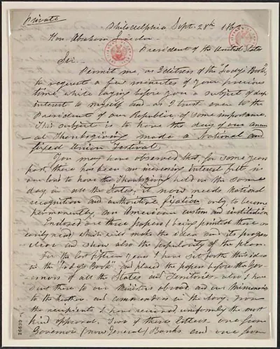 Sarah J. Hale To Abraham Lincoln, Monday, September 28, 1863 (Thanksgiving)