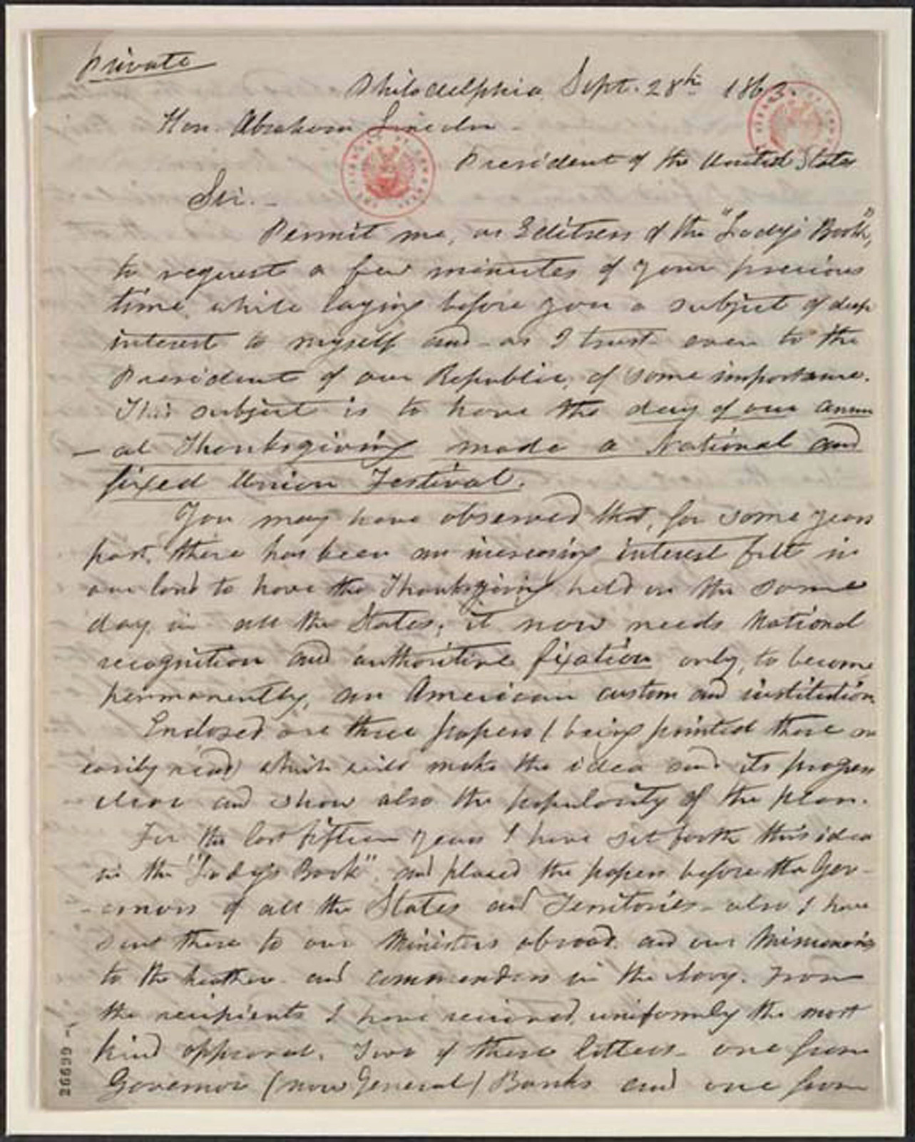 Sarah J. Hale To Abraham Lincoln, Monday, September 28, 1863 (Thanksgiving), c. 1863 — historic image