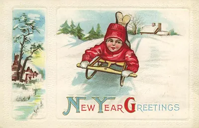 New Year greetings card with child sledding in snow