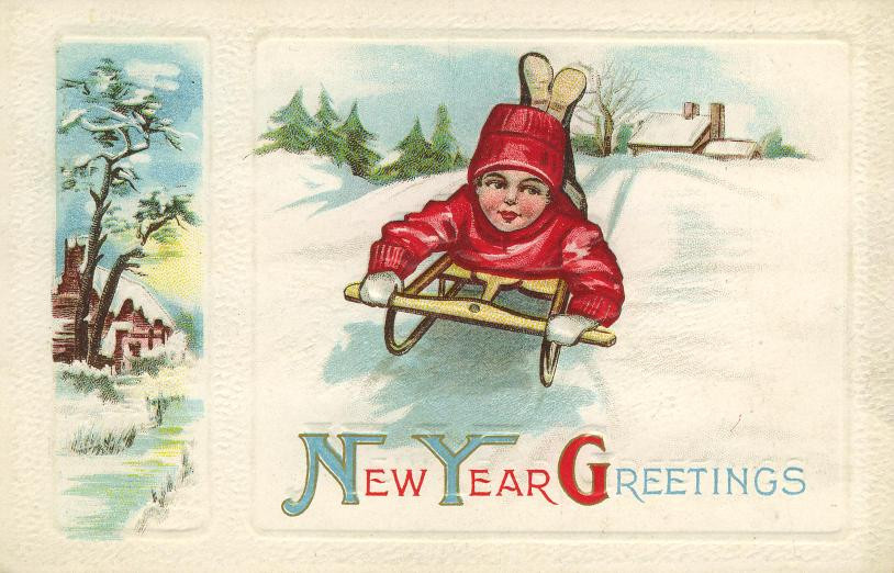 New Year greetings card with child sledding in snow — historic image