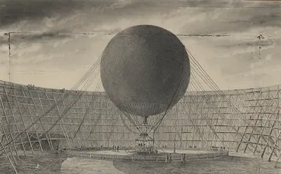 Steam captive balloon inside a wooden scaffold enclosure