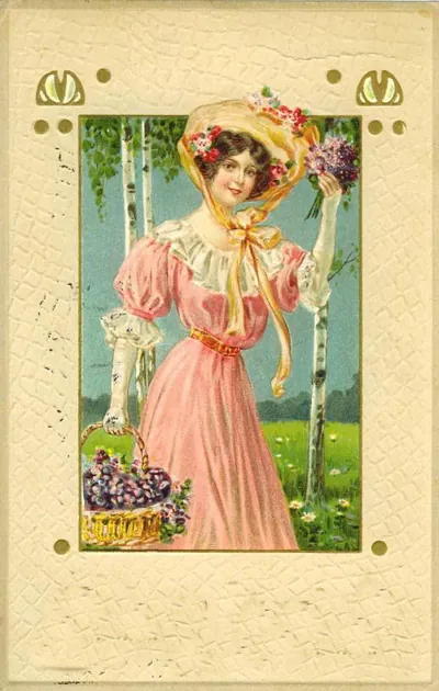 Edwardian woman in pink dress with violets, embossed postcard