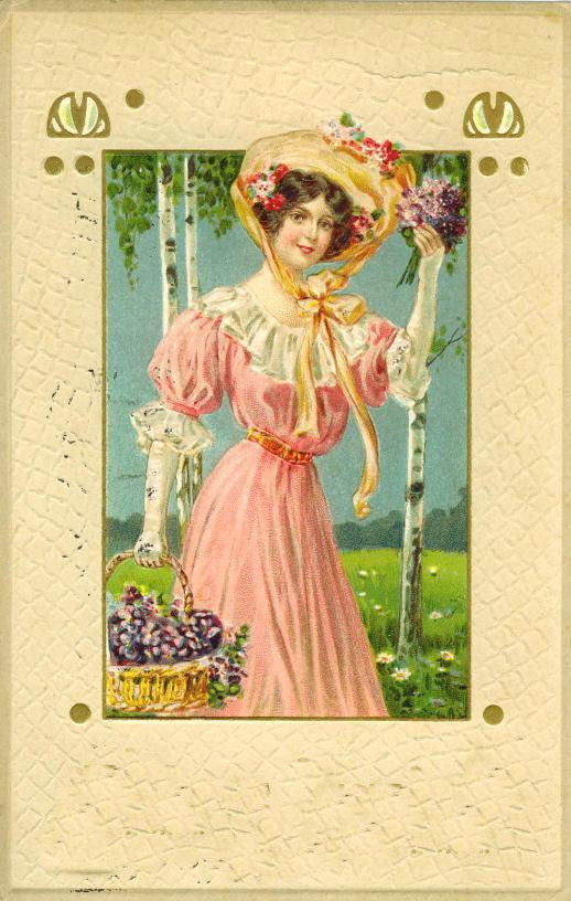 Edwardian woman in pink dress with violets, embossed postcard — vintage postcard