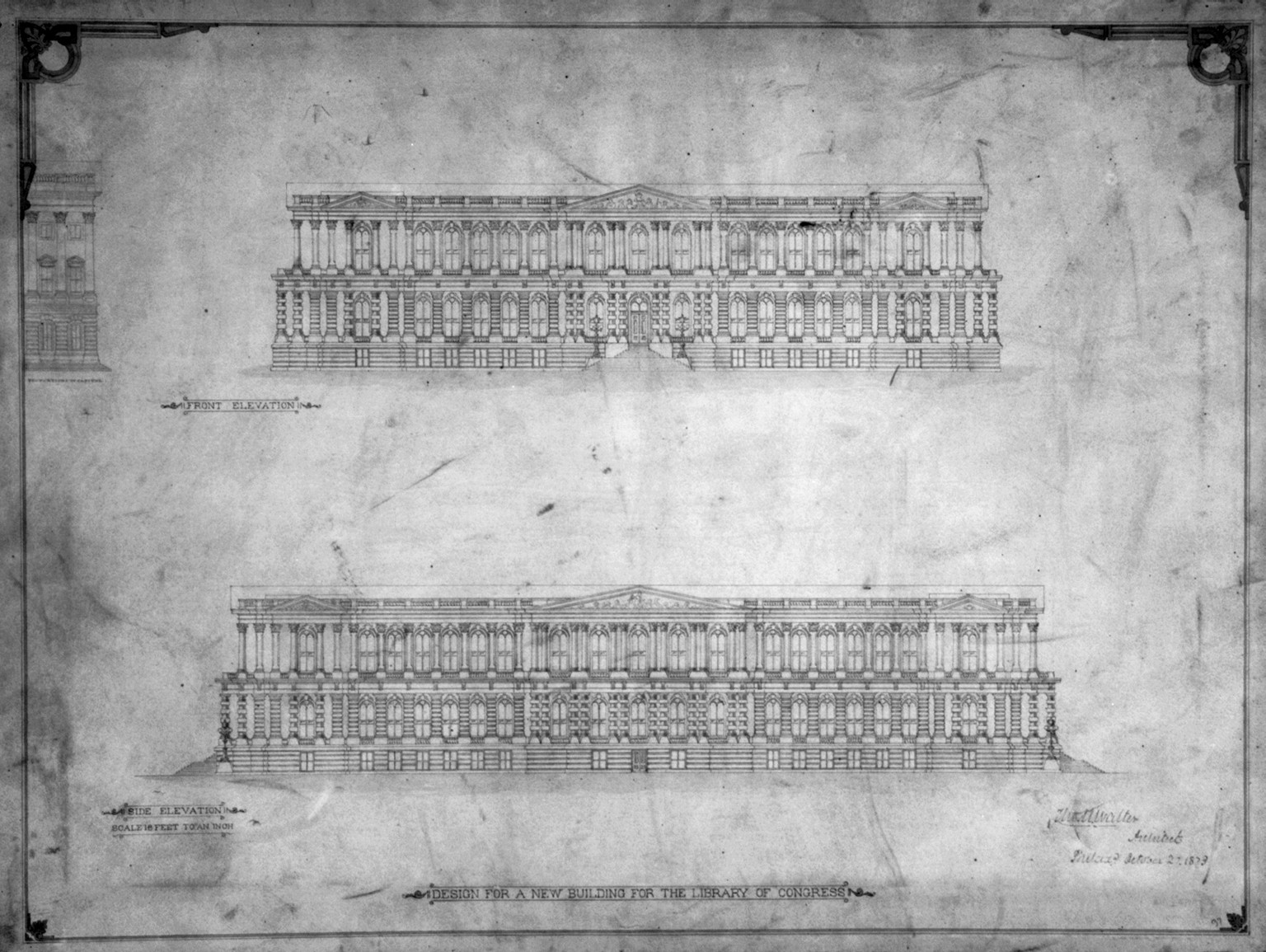 [Library of Congress, Washington, D.C. Front and side elevations], and Engineering (ADE) Drawings" (http://www.loc.gov/rr/print/res/103_ade.html)." — historic drawing