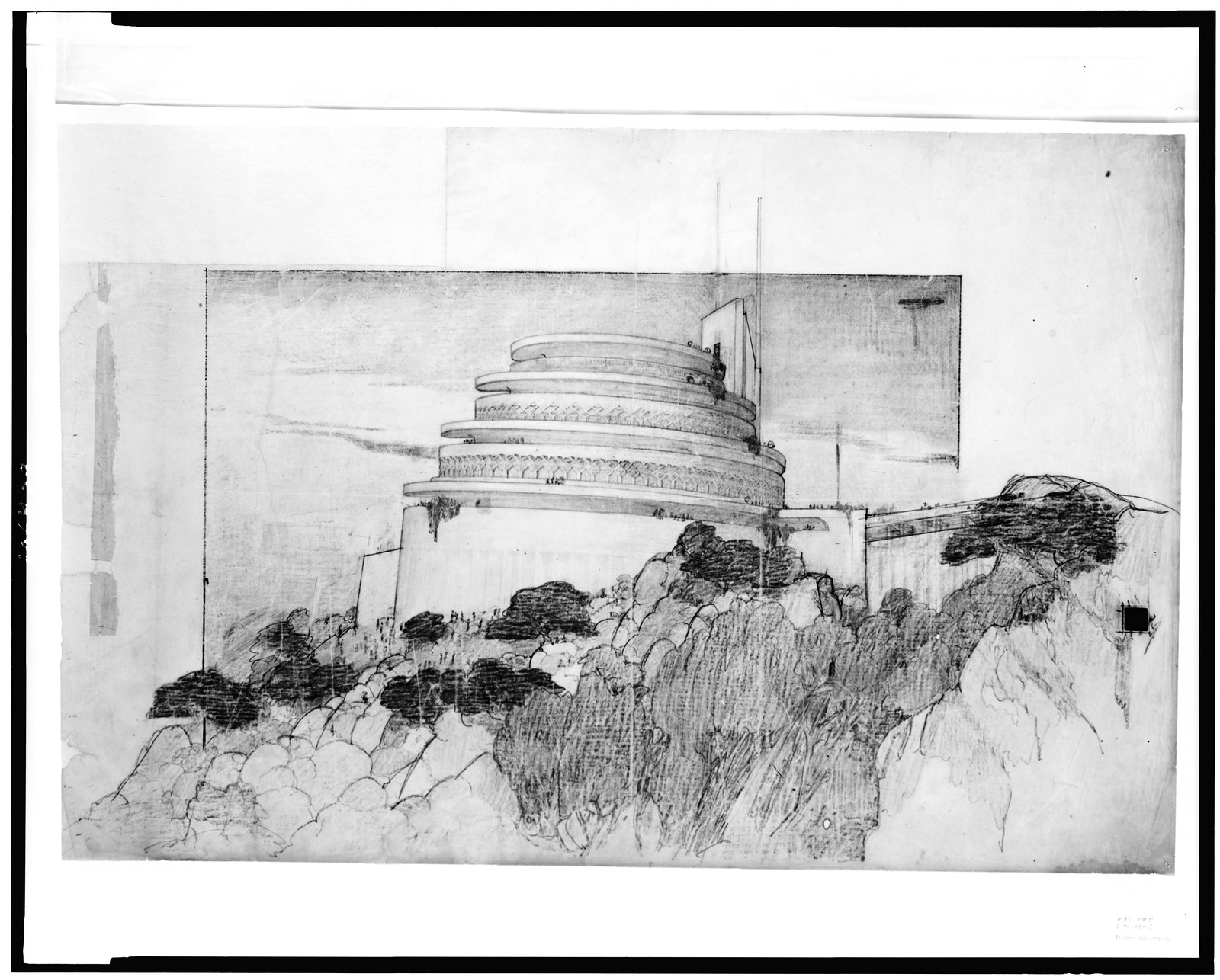 Architectural drawing for an automobile objective for Gordon Strong, Sugar Loaf Mountain, Montgomery County, Maryland. Perspective rendering, 1925 — historic drawing