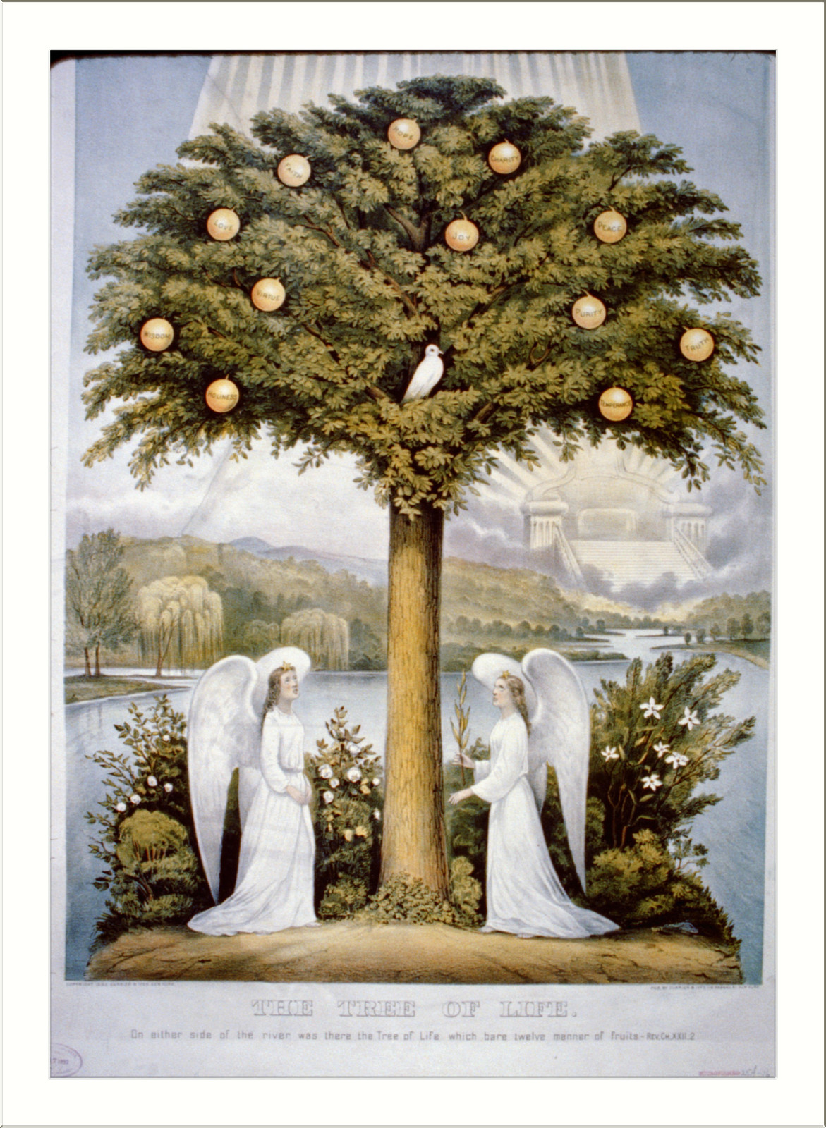 The tree of life: on either side of the river was there the tree of life which bare twelve manner of fruits.--Rev. ch. XXII,2, New York : Published by Currier & Ives, c1892. — antique lithograph