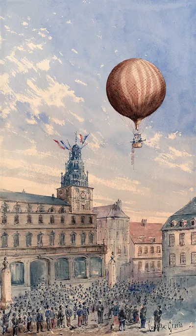 Balloon with two passengers over a crowded town square