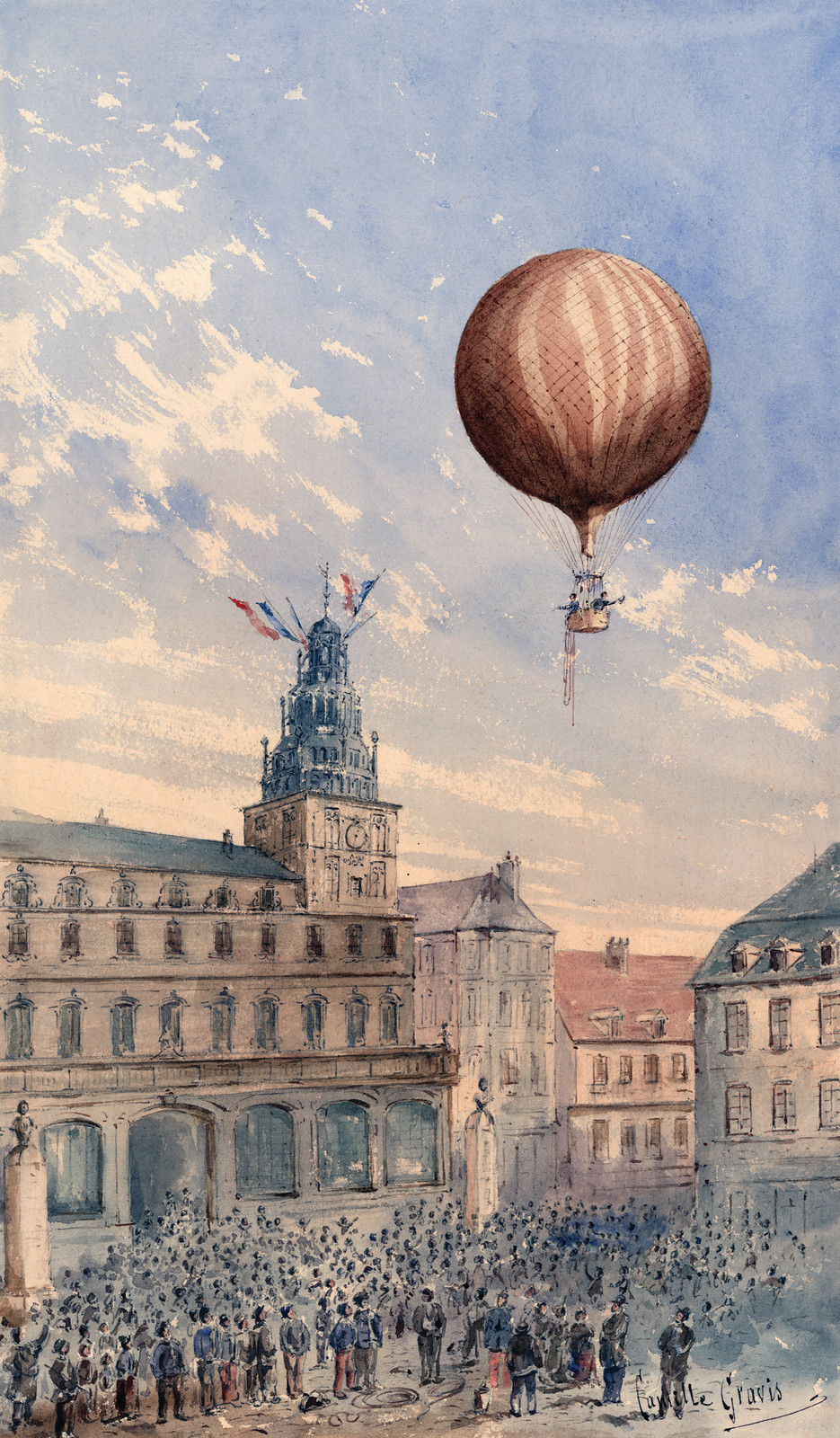Balloon with two passengers over a crowded town square — historic image
