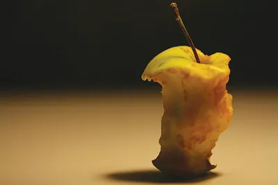 Bitten apple core with stem on dark background