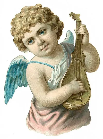 Cherub angel with blue wings playing a mandolin