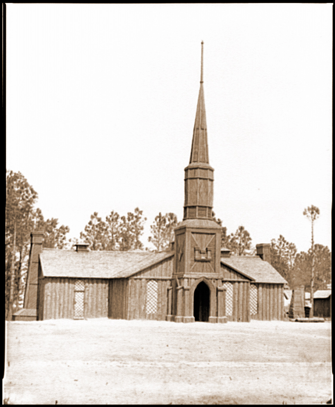 Poplar Grove Va. Log church built by the 50th New York Engineers with the engineer, 1865 — historic photograph