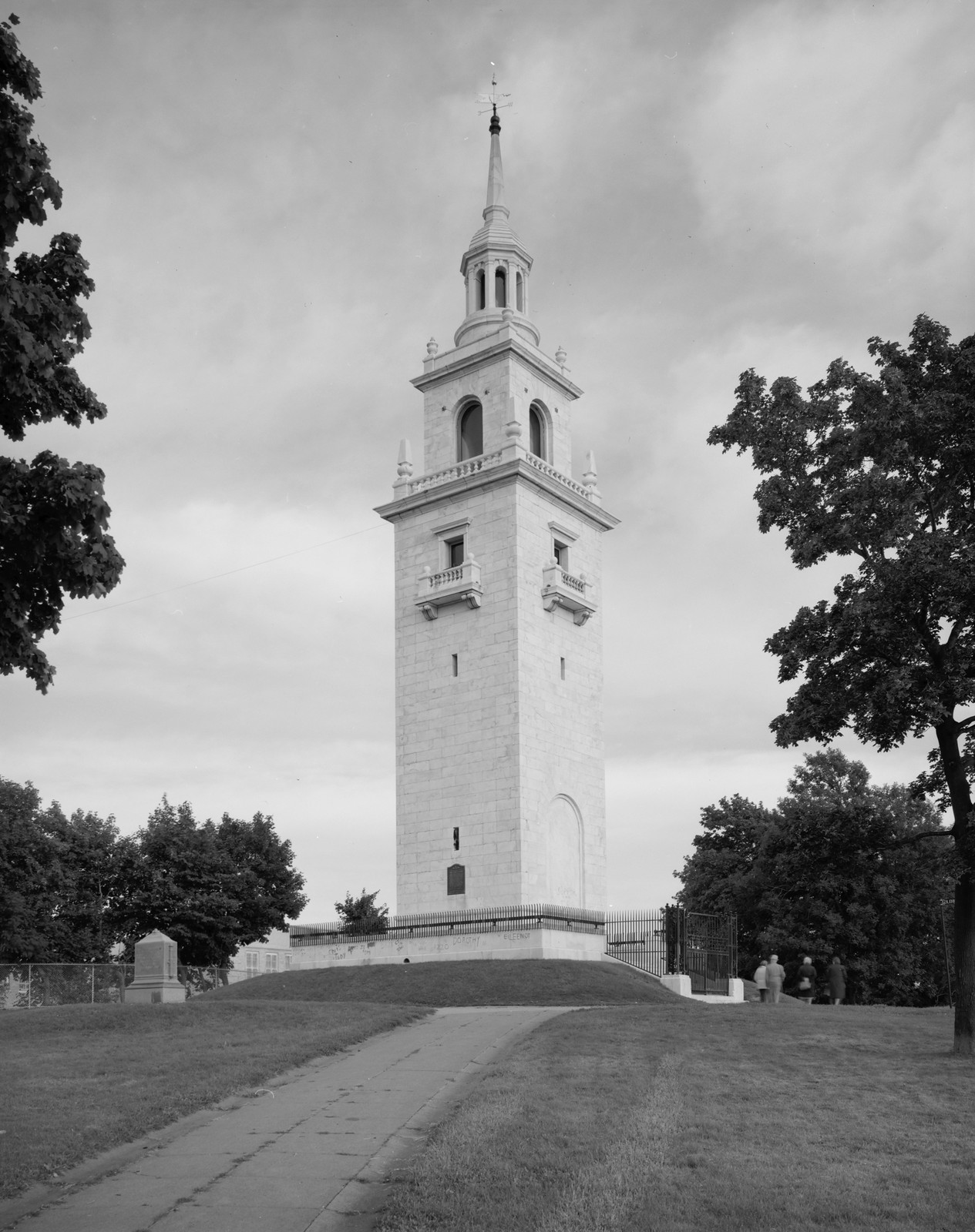 Dorchester Heights Monument stone tower on a hill, black and white photograph — historic photograph