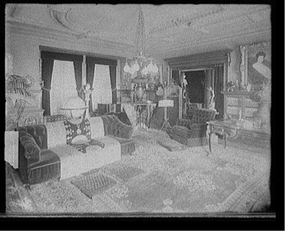 [Living room with double windows and world globe], [between 1900 and 1920] — historic photograph