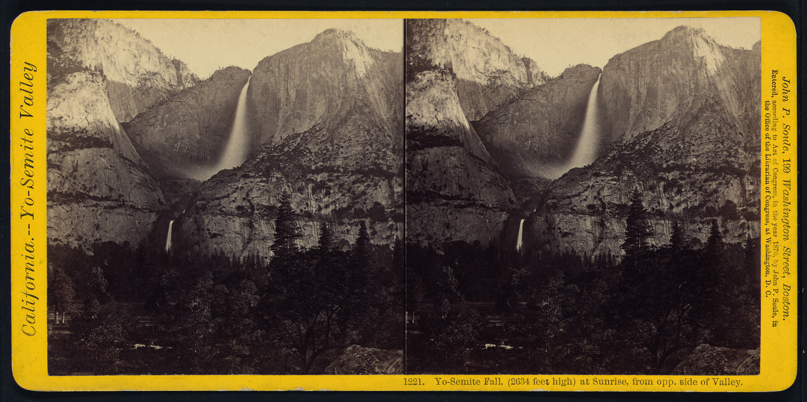 Yo-Semite Fall (2634 feet high) at sunrise from opp. side of valley, 1870 — historic photograph