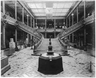 [Interior view of the Pavilion of Mexico, showing stairway and exhibits, Paris Exposition, 1889]