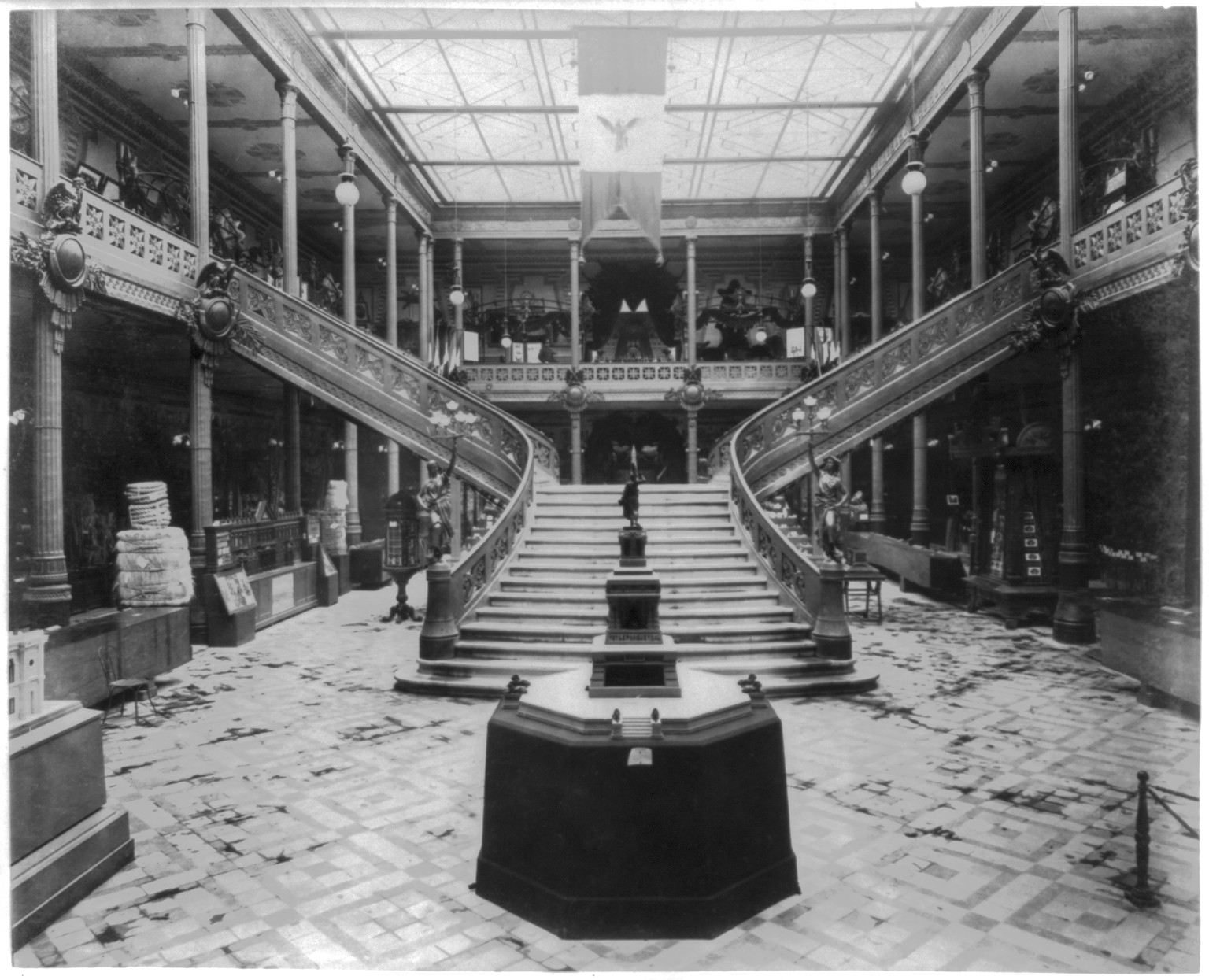 [Interior view of the Pavilion of Mexico, showing stairway and exhibits, Paris Exposition, 1889], [1889] — historic print