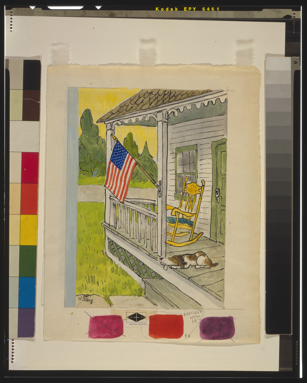 [A dog asleep on a porch with an American flag hanging from a post] / W. Steig., [1968] — historic drawing