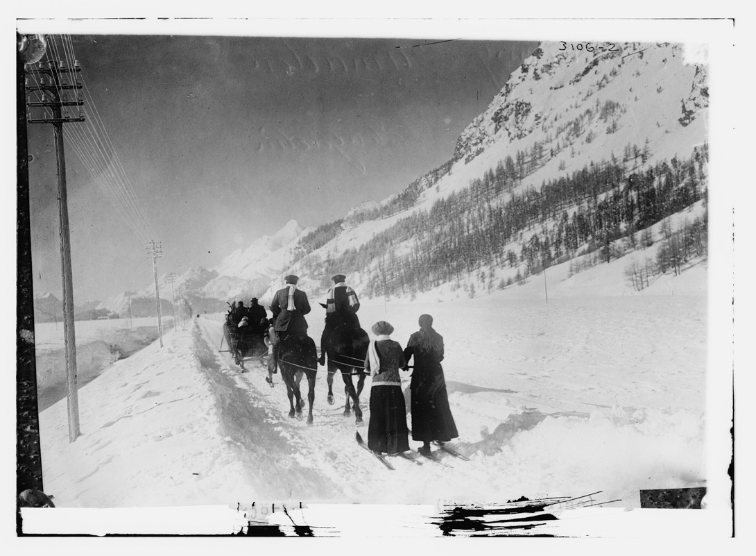 Switzerland - Following a horse on skiis (see sports), n/a — historic photograph