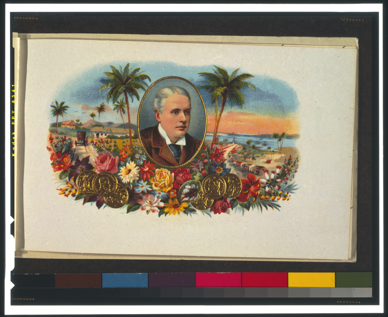 [Cigar box label, printed by a German firm, showing head-shoulders portrait of a man, facing right, superimposed over tropical waterfront scene, with six gold coins at bottom], [ca. 1930] — historic print