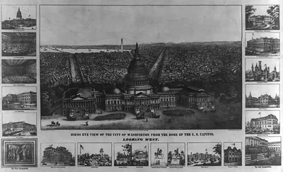 Birds eye view of the city of Washington from the dome of the U.S. Capitol Looking west / Lith. & print by A. Sachse & Co.