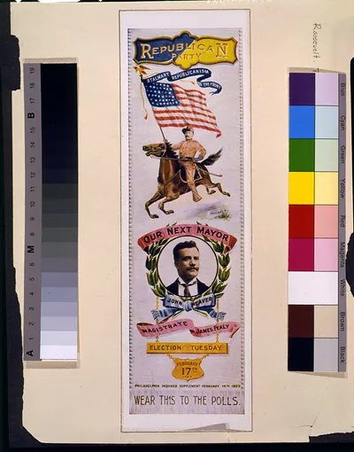 [Campaign badge(?) of Republican party, to be worn to the polls, showing Theodore Roosevelt on horseback, carrying U.S. flag, with banner stalwart Republicanism to the front"; and head-and-shoulders portrait of John Weaver