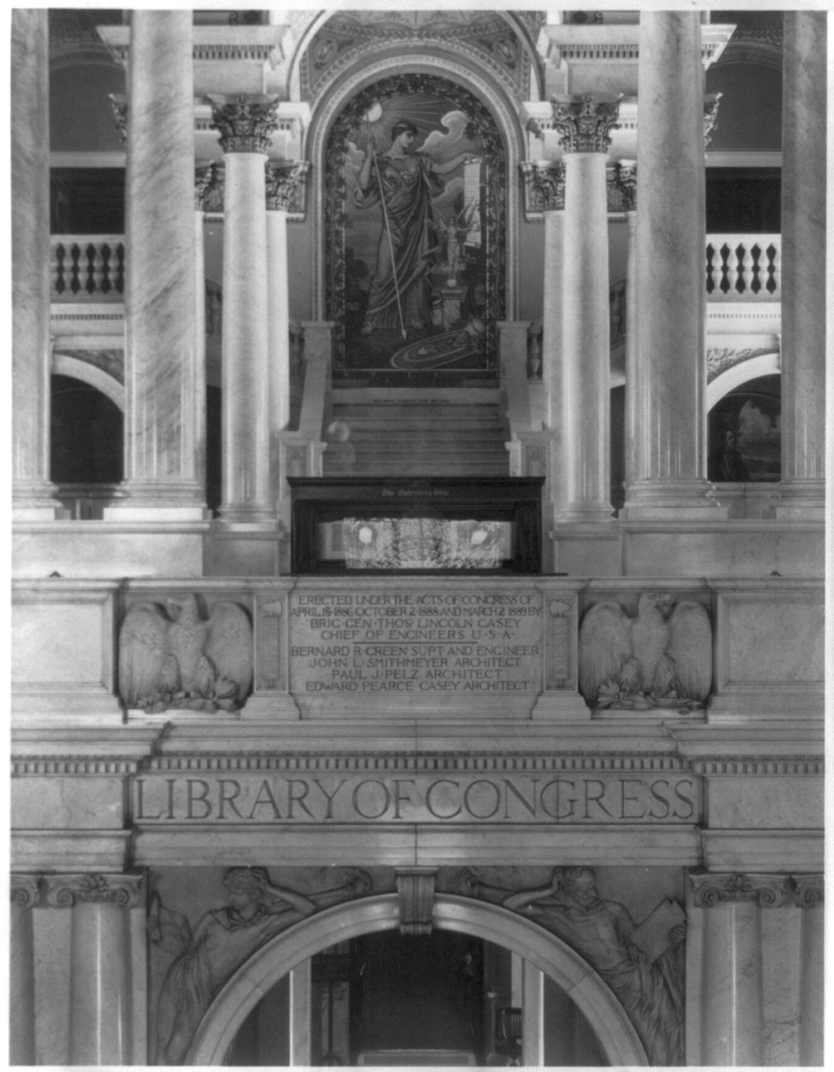 Library of Congress. Commemorative arch, with Gutenberg Bible and Minerva mosaic above — historic photograph