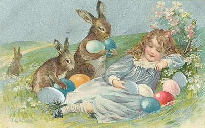 Easter postcard of a girl with rabbits and painted eggs