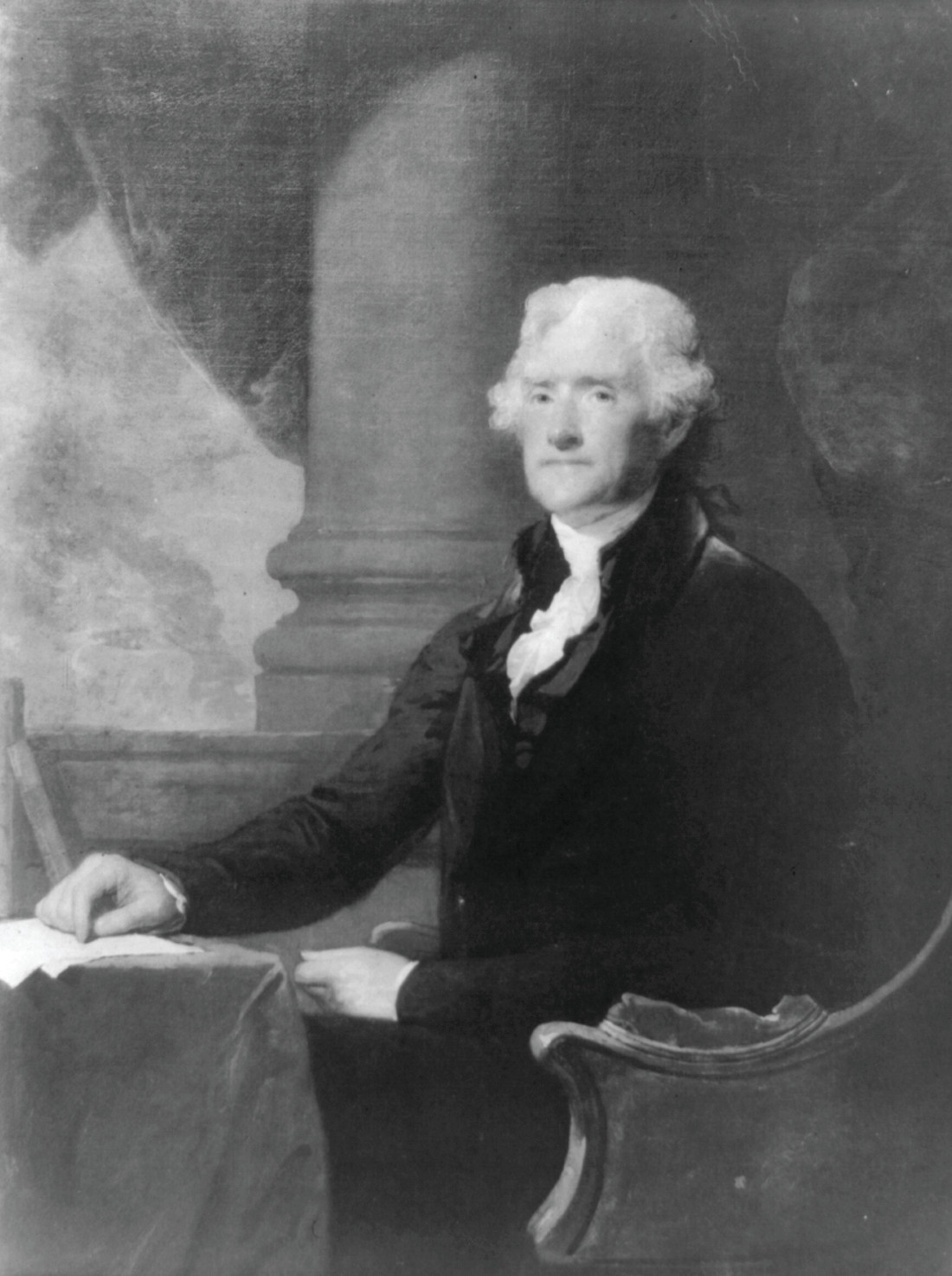 [Thomas Jefferson, three-quarter length portrait, seated at table, facing left], c1898. — historic print