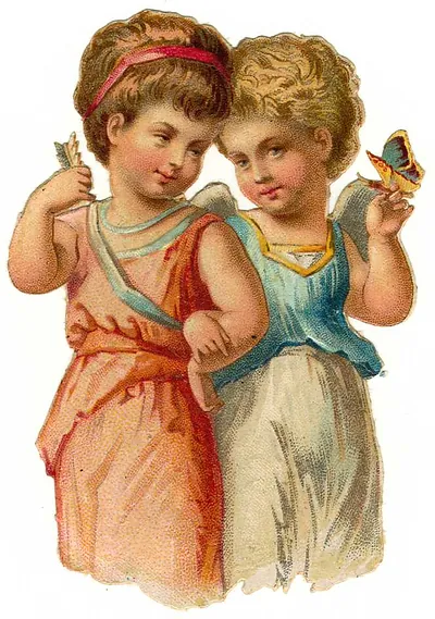 Two cherubic children in classical dress, one holding a butterfly