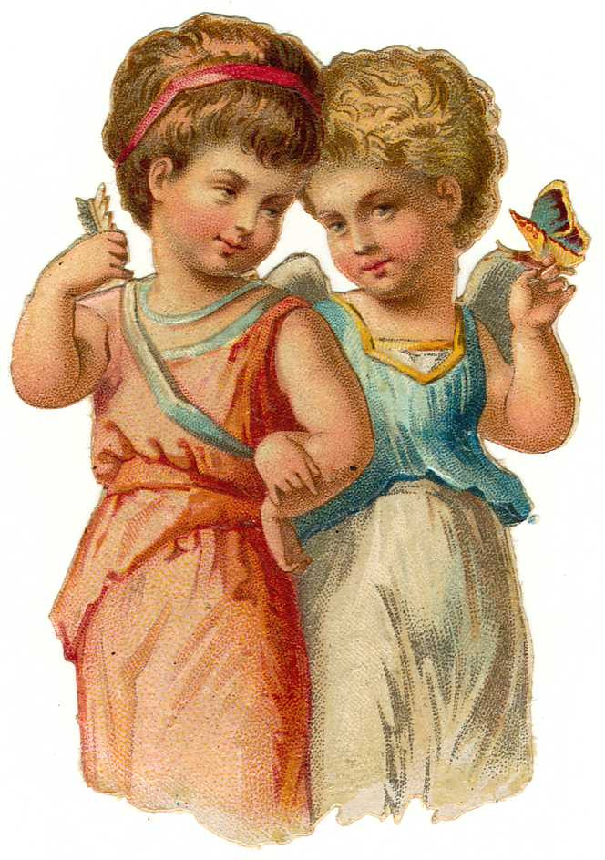 Two cherubic children in classical dress, one holding a butterfly — historic image
