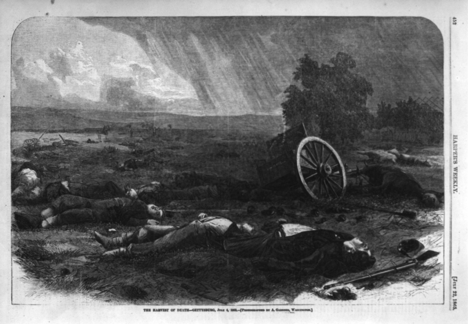The harvest of death - Gettysburg, July 4, 1863 [Dead soldiers and horses on battlefield], 1865 — antique engraving