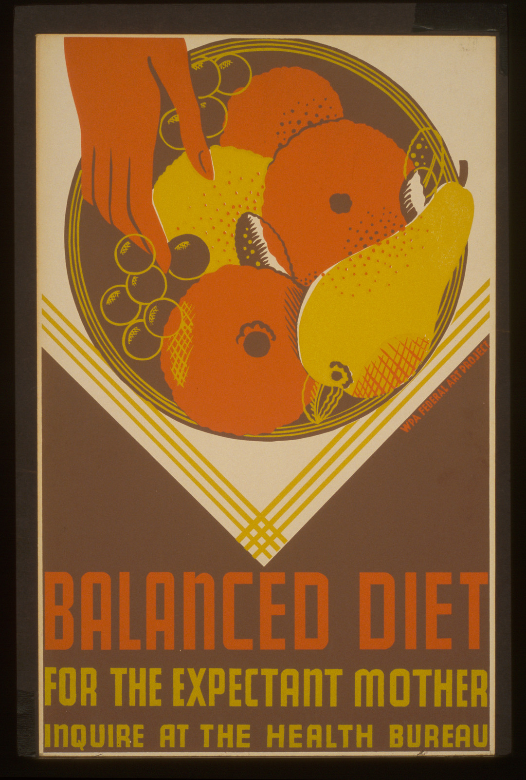 Balanced diet for the expectant mother Inquire at the Health Bureau., 1936 — vintage poster