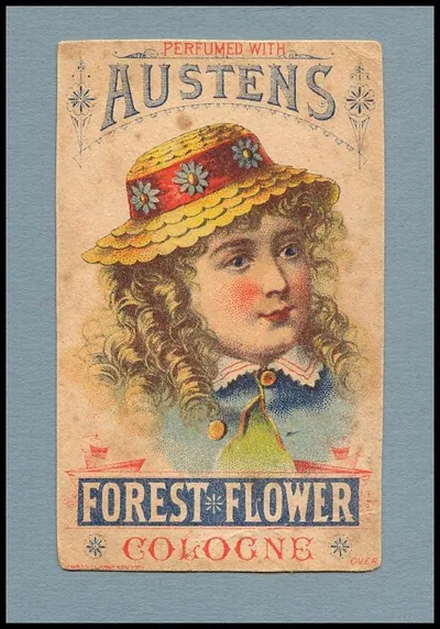 Austens Forest Flower Cologne trade card with girl in straw hat