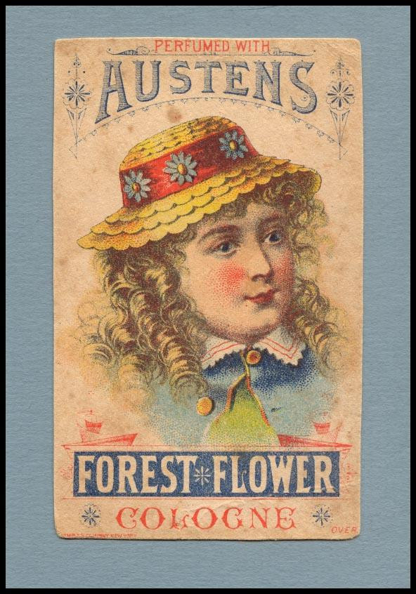 Austens Forest Flower Cologne trade card with girl in straw hat — historic image