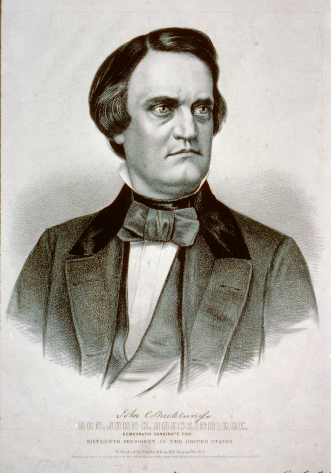 Hon. John C. Breckinridge: Democratic candidate for sixteenth president of the United States, New York : Published by Currier & Ives, c1860. — antique lithograph