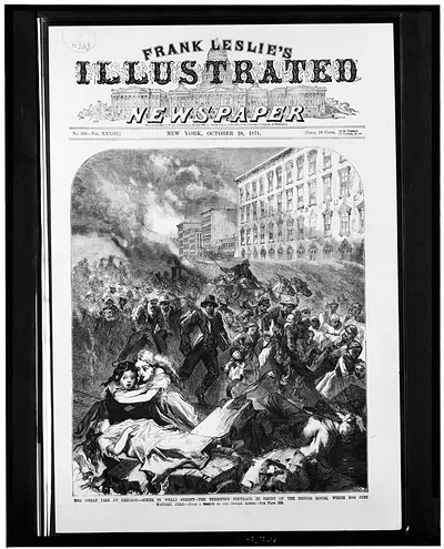 The Great fire at Chicago. Scene in Court-House Square - the public buildings in flames / from sketch by our Chicago correspondent