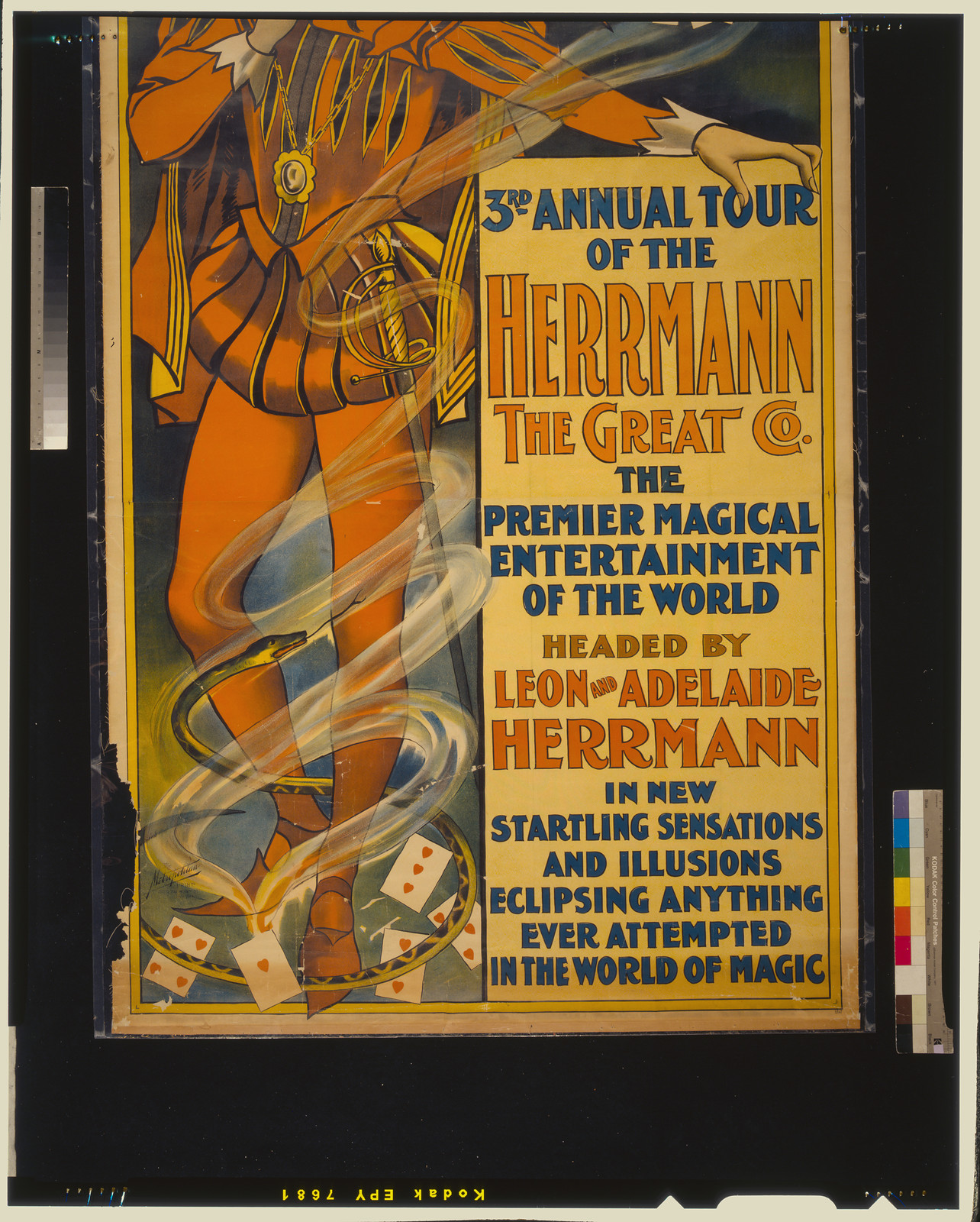 Herrmann the Great Co. 3rd annual tour of the Herrmann the Great Co. : the premier magical entertainment of the world : headed by Leon and Adelaide Herrmann in new startling sensations and illusions, eclipsing anything ever attempted in the world of magic., New York : Metropolitan Print., [ca. 1898] — vintage poster