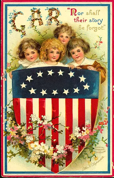 Children behind a US flag shield, "Nor shall their story be forgot