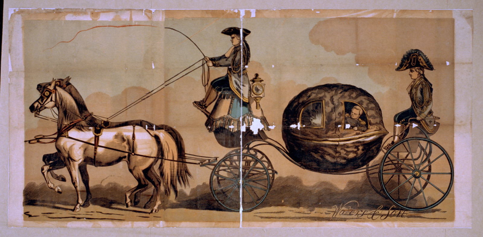 [Dwarf in military uniform riding in walnut shell coach], 1880 — vintage poster