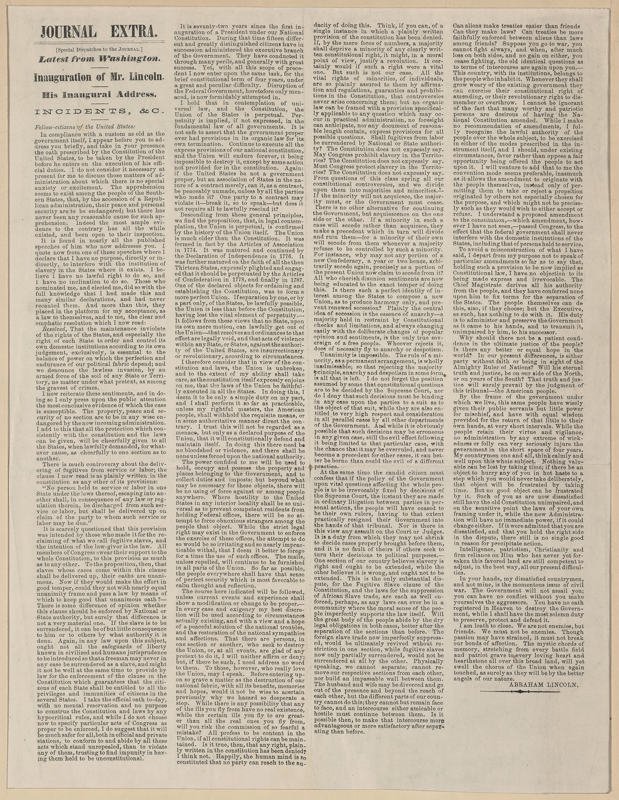 Journal Extra newspaper: Inauguration of Mr. Lincoln, his inaugural address — historic image