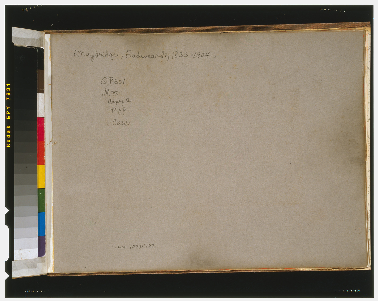 Blank card with handwritten Muybridge, Eadweard, 1830-1904 catalog notes — historic image
