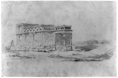 Stone building with nomad tents in distance, N.W. China