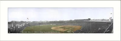 Panoramic colorized photograph of a baseball stadium during World Series