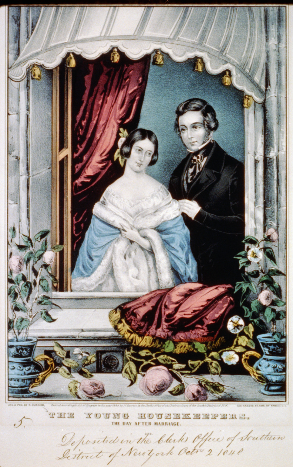 The young housekeepers, the day after marriage / lith. & pub. by N. Currier., New York : Published by N. Currier, c1848. — antique lithograph